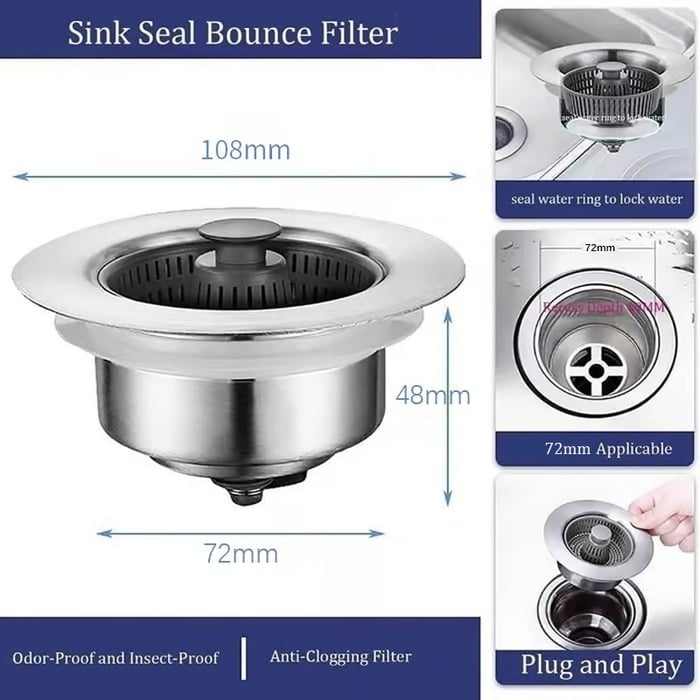 Sink stopper with bounce core | 3-in-1 filter & odor protection | Stainless steel & ABS | Anti-clogging