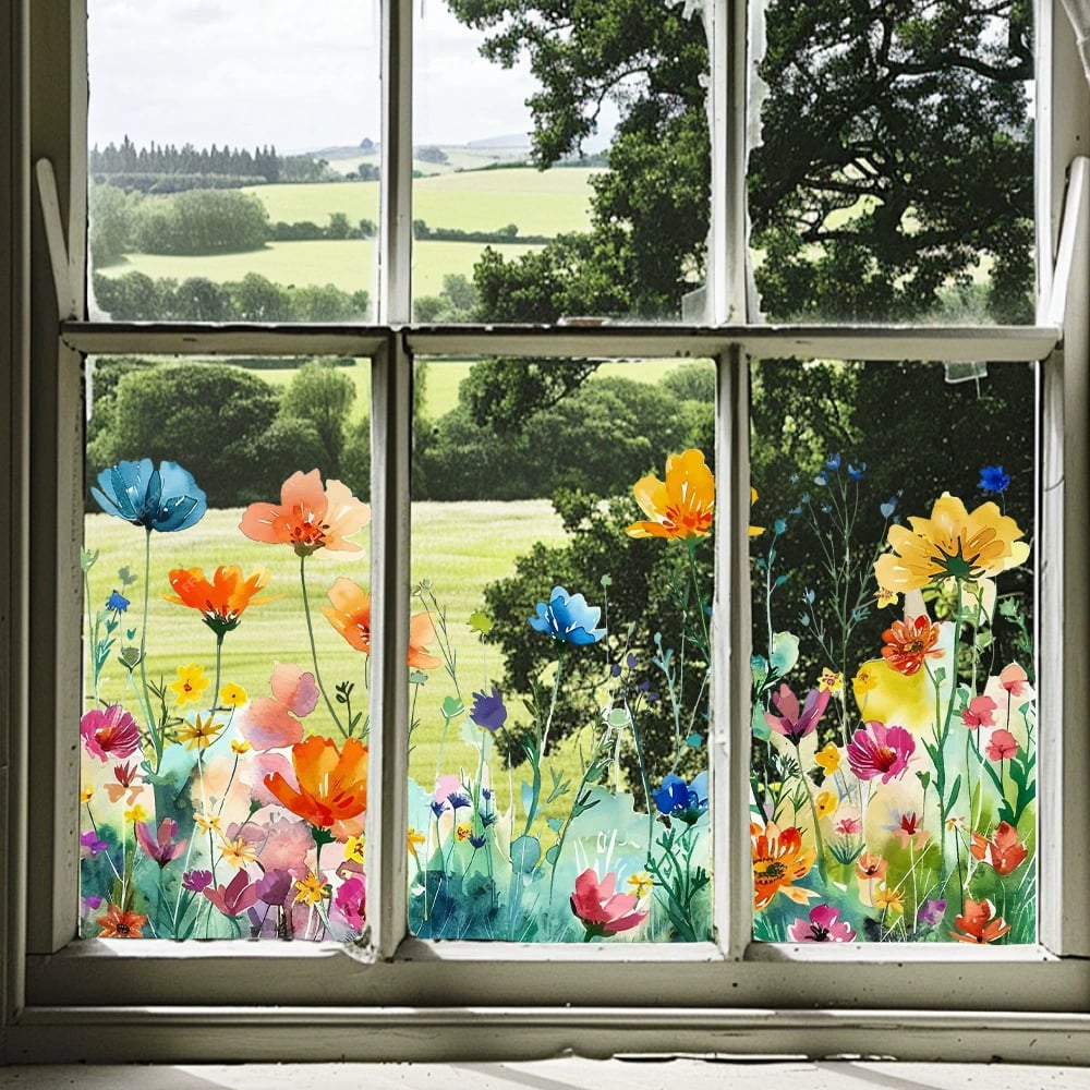 Bunte Fensteraufkleber Blumen | Doppelseitig Sichtbar | Leuchtende Farben | 1+1 Gratis