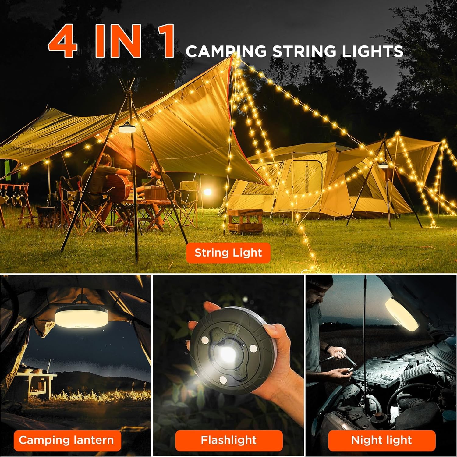 4-in-1 Campinglicht mit RGB-Lichterkette & Powerbank