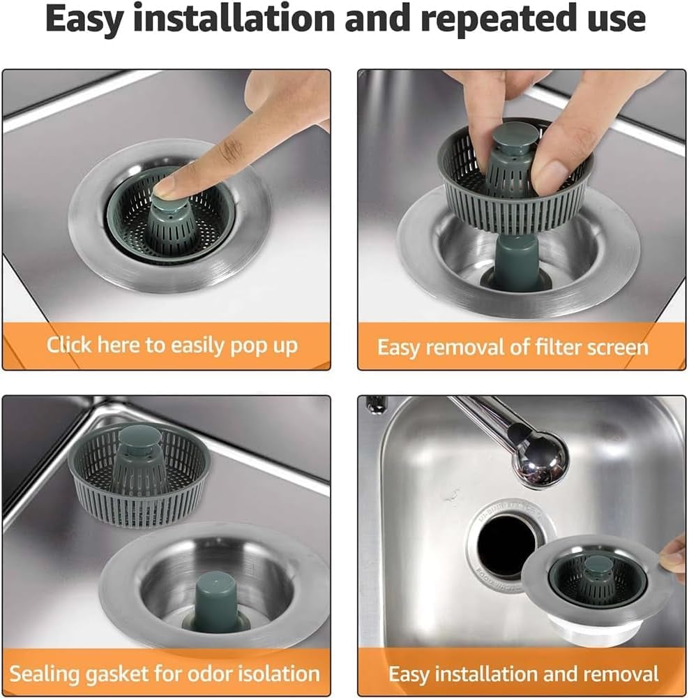 Sink stopper with bounce core | 3-in-1 filter & odor protection | Stainless steel & ABS | Anti-clogging