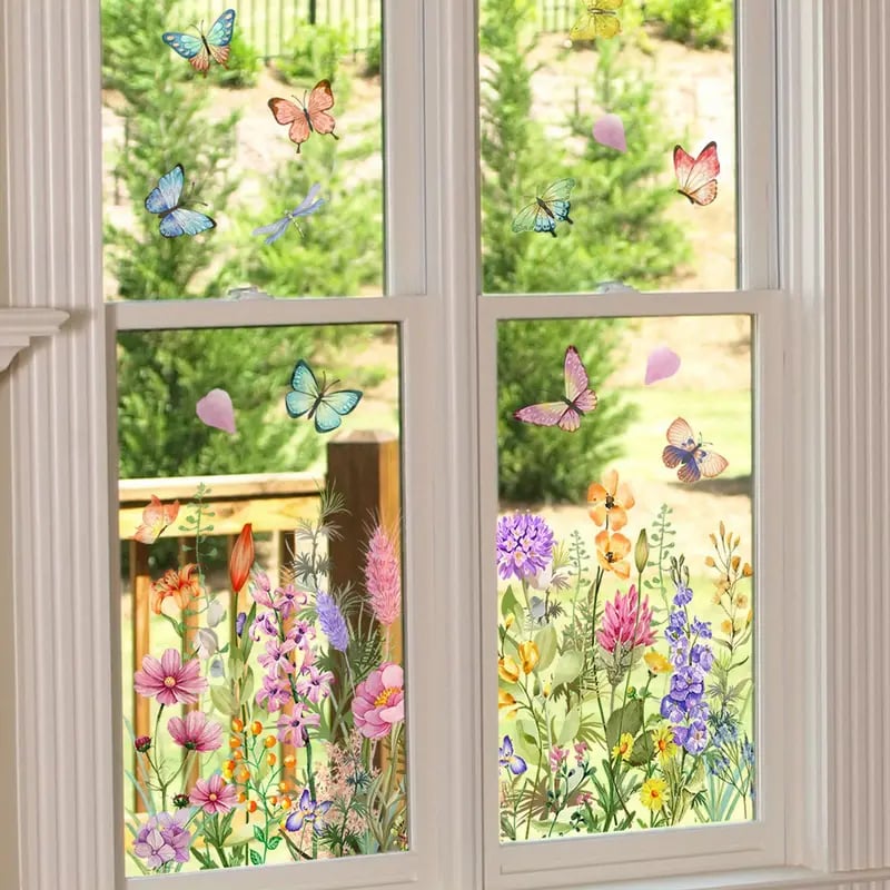 Bunte Fensteraufkleber Blumen | Doppelseitig Sichtbar | Leuchtende Farben | 1+1 Gratis