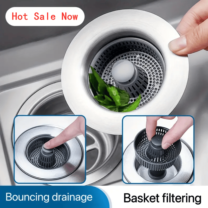 Sink stopper with bounce core | 3-in-1 filter & odor protection | Stainless steel & ABS | Anti-clogging