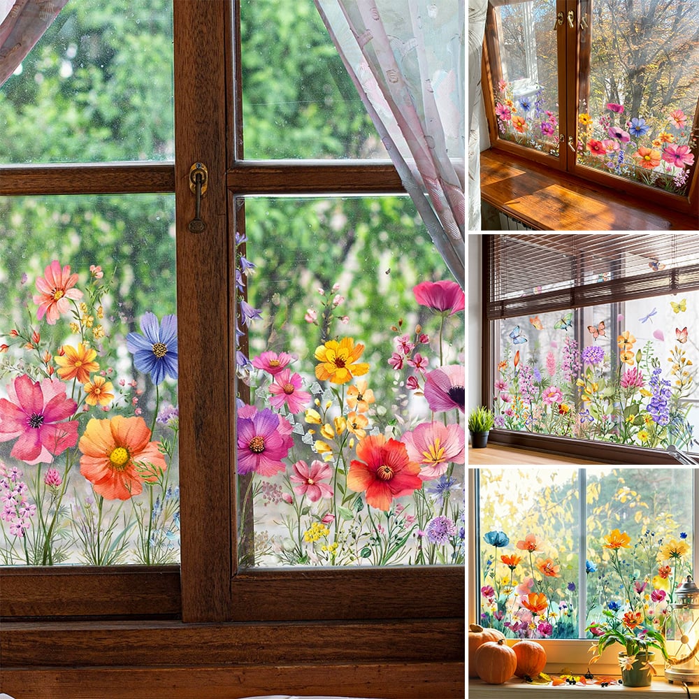 Bunte Fensteraufkleber Blumen | Doppelseitig Sichtbar | Leuchtende Farben | 1+1 Gratis