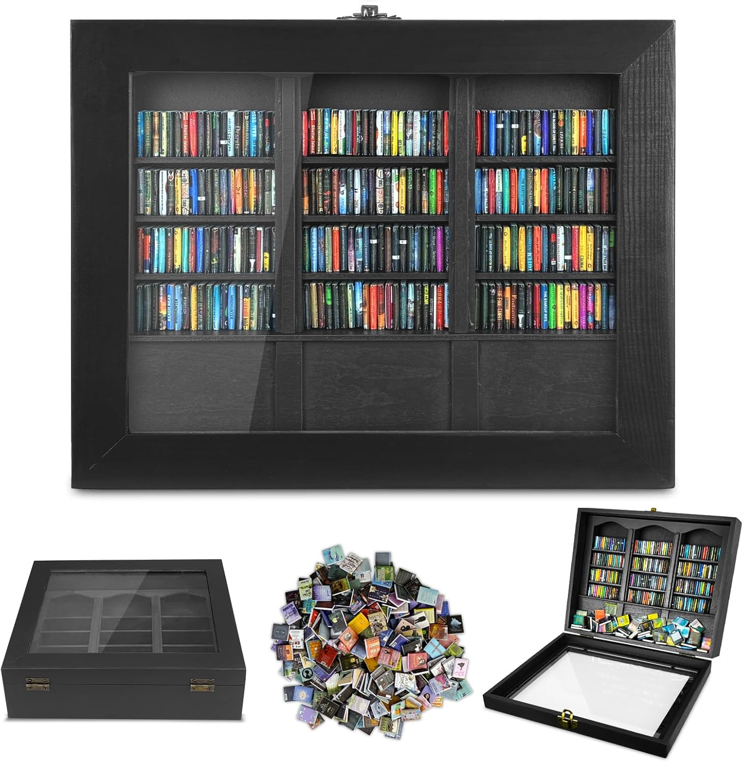 Calmify™ Miniatur-Bücherregal | Stressabbau | 200 Minibücher | Holzdesign