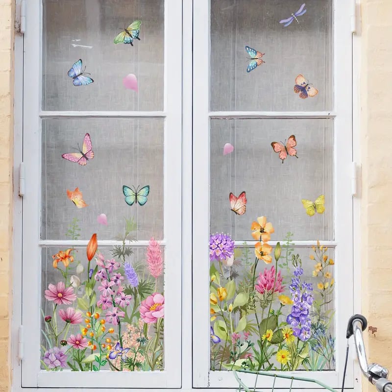 Bunte Fensteraufkleber Blumen | Doppelseitig Sichtbar | Leuchtende Farben | 1+1 Gratis