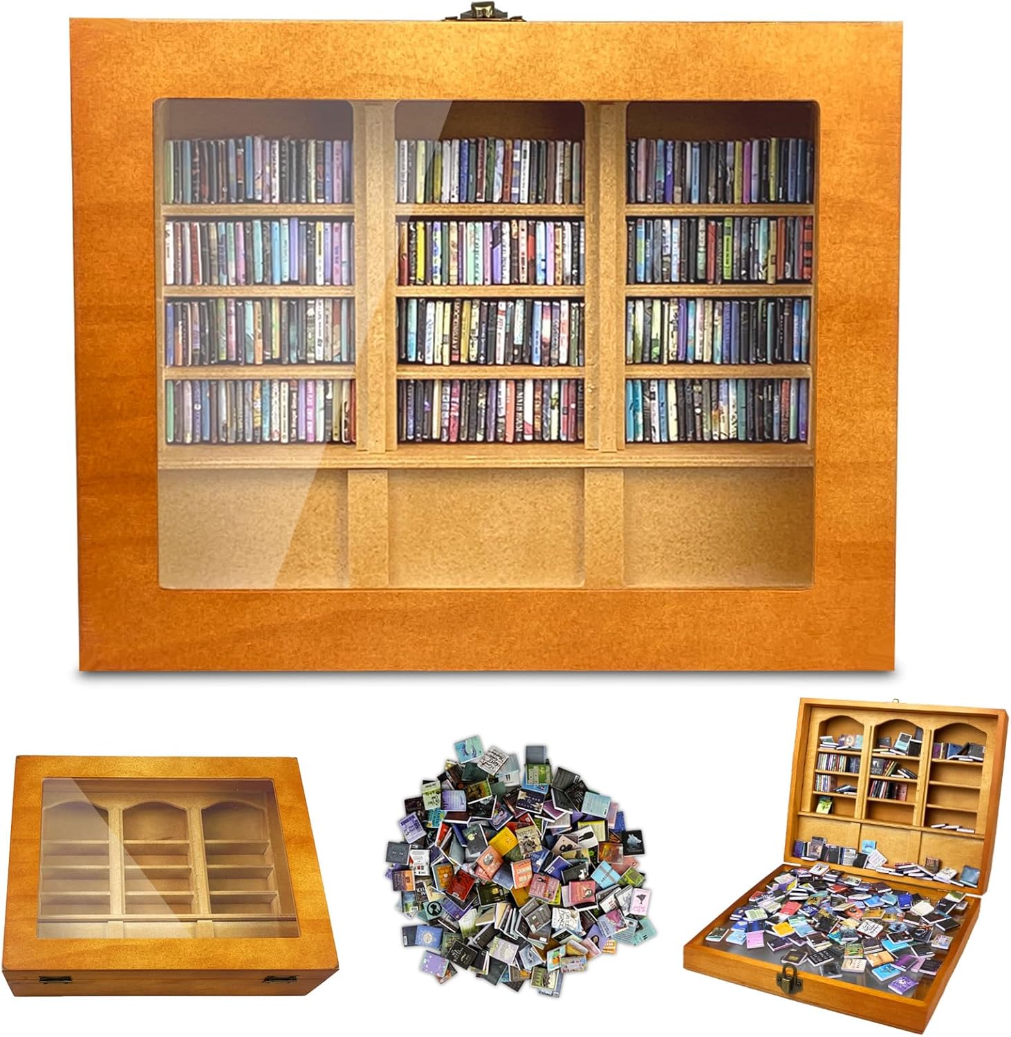 Calmify™ Miniatur-Bücherregal | Stressabbau | 200 Minibücher | Holzdesign