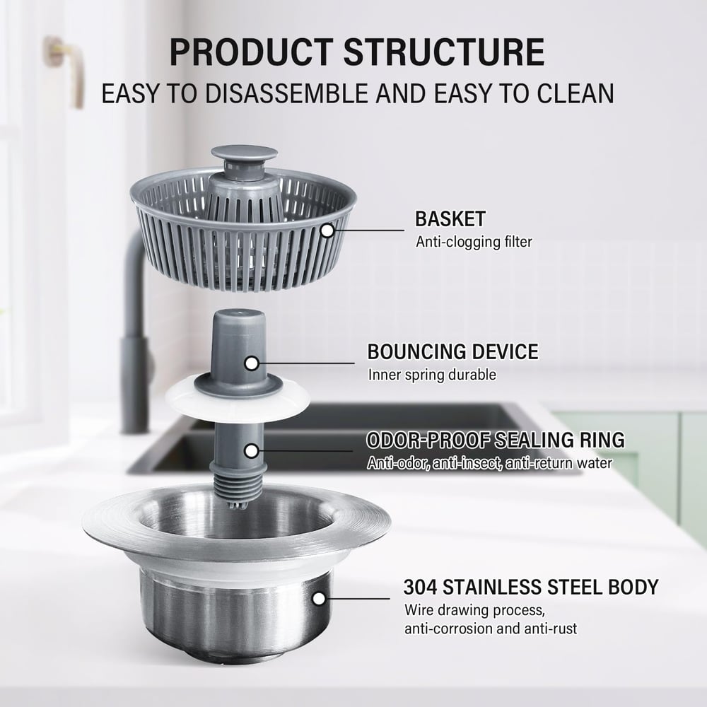 Sink stopper with bounce core | 3-in-1 filter & odor protection | Stainless steel & ABS | Anti-clogging