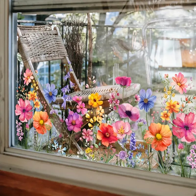 Bunte Fensteraufkleber Blumen | Doppelseitig Sichtbar | Leuchtende Farben | 1+1 Gratis