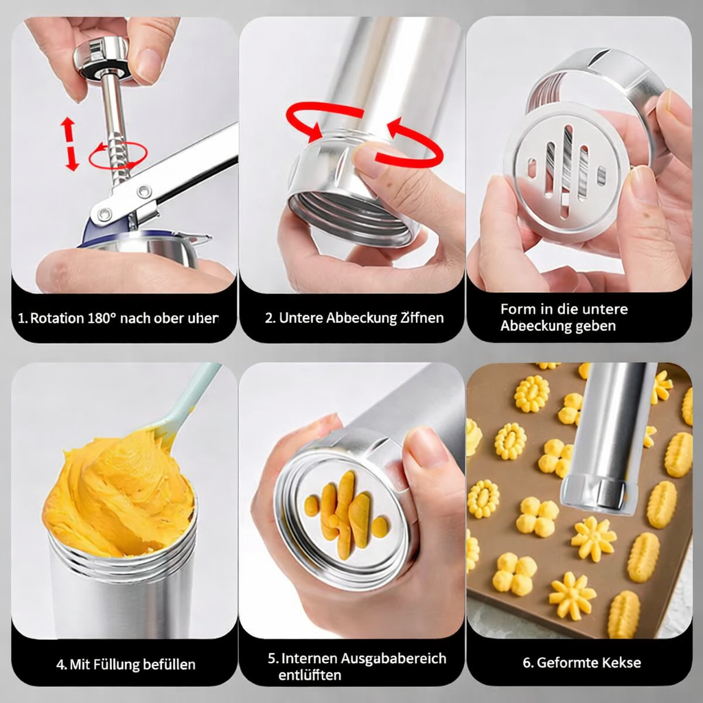 Edelstahl Keks-Presse | 20 Formen & 4 Düsen | Perfekt für gleichmäßige Kekse | BakePro