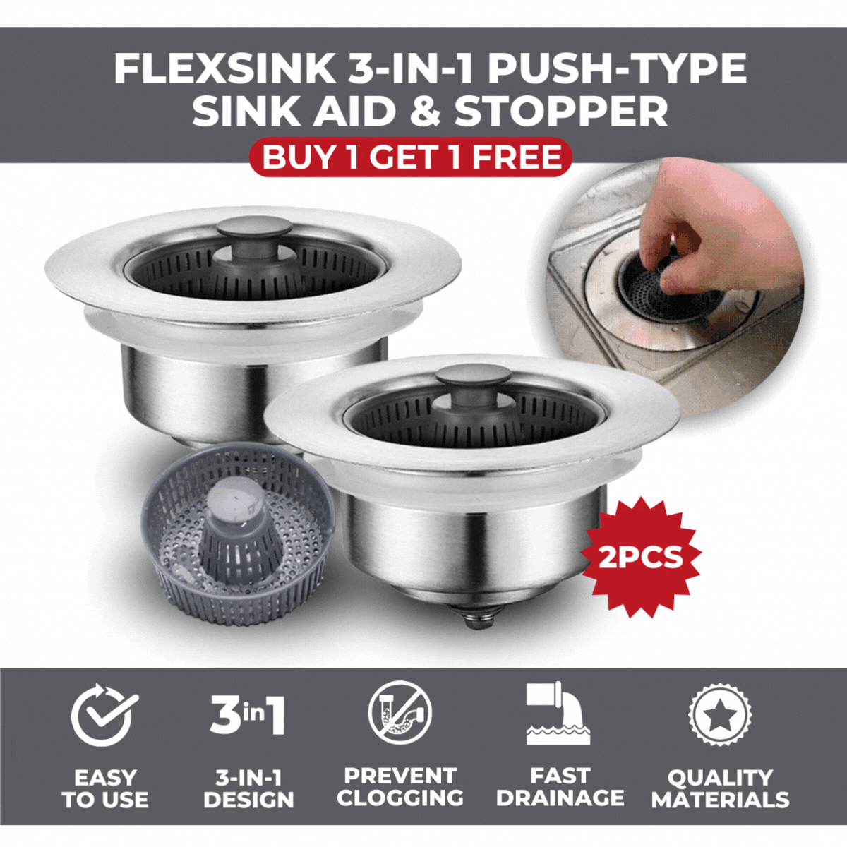 1+1 Gratis| FlexSink™ - 3-in-1 Spülbeckenhilfe und -stopper mit Druckfunktion