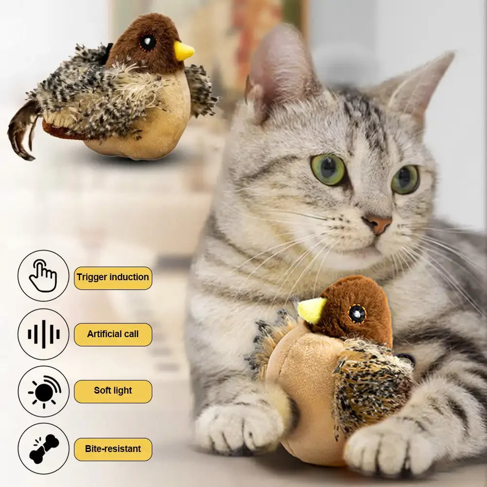 FluffFly Interaktives Katzenspielzeug | Vogel mit Sound & Flügelbewegung | USB Aufladbar | 1+1 Gratis