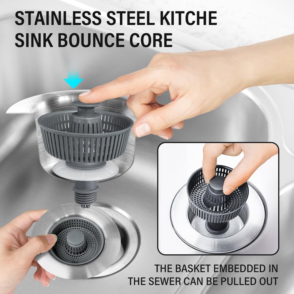 Sink stopper with bounce core | 3-in-1 filter & odor protection | Stainless steel & ABS | Anti-clogging