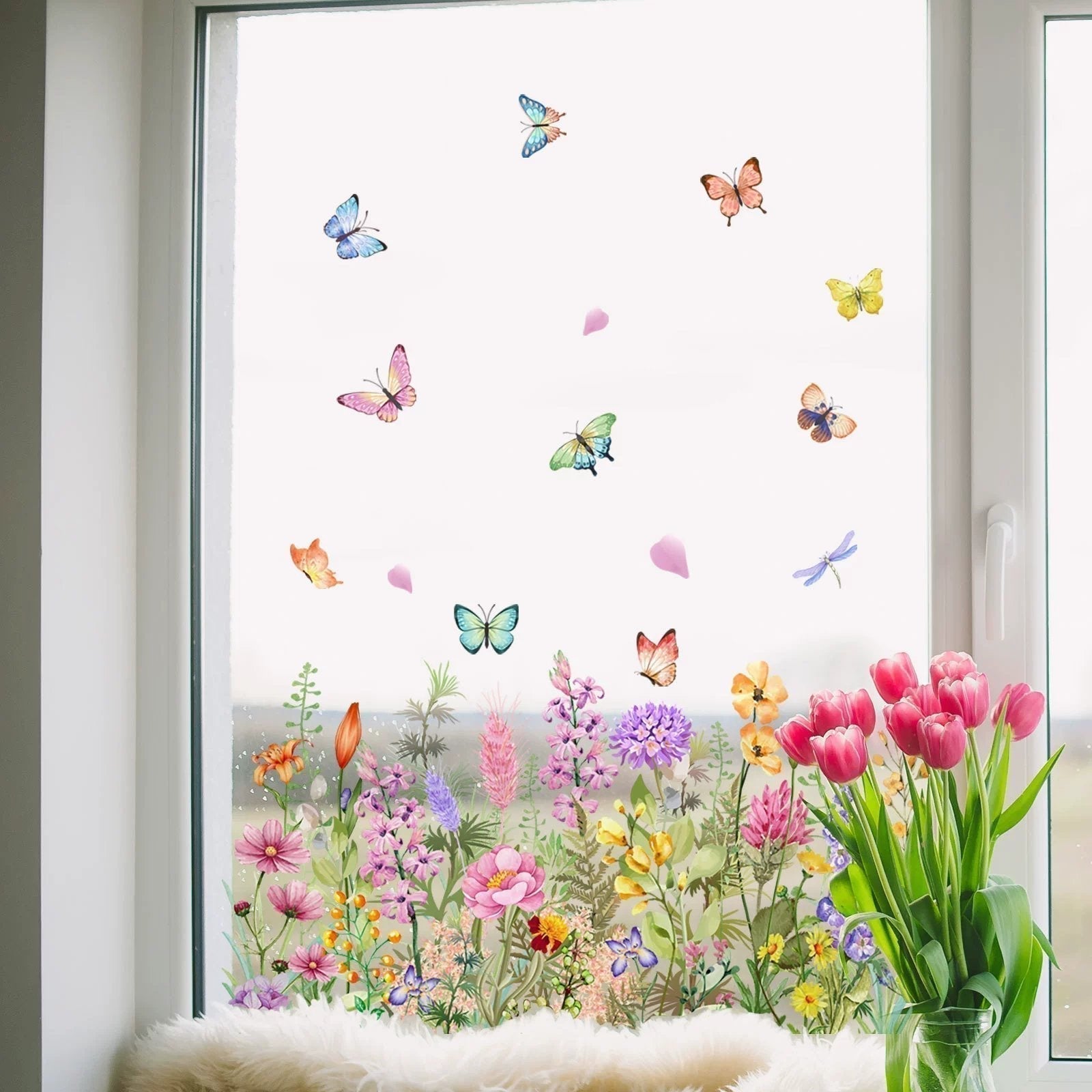 Bunte Fensteraufkleber Blumen | Doppelseitig Sichtbar | Leuchtende Farben | 1+1 Gratis