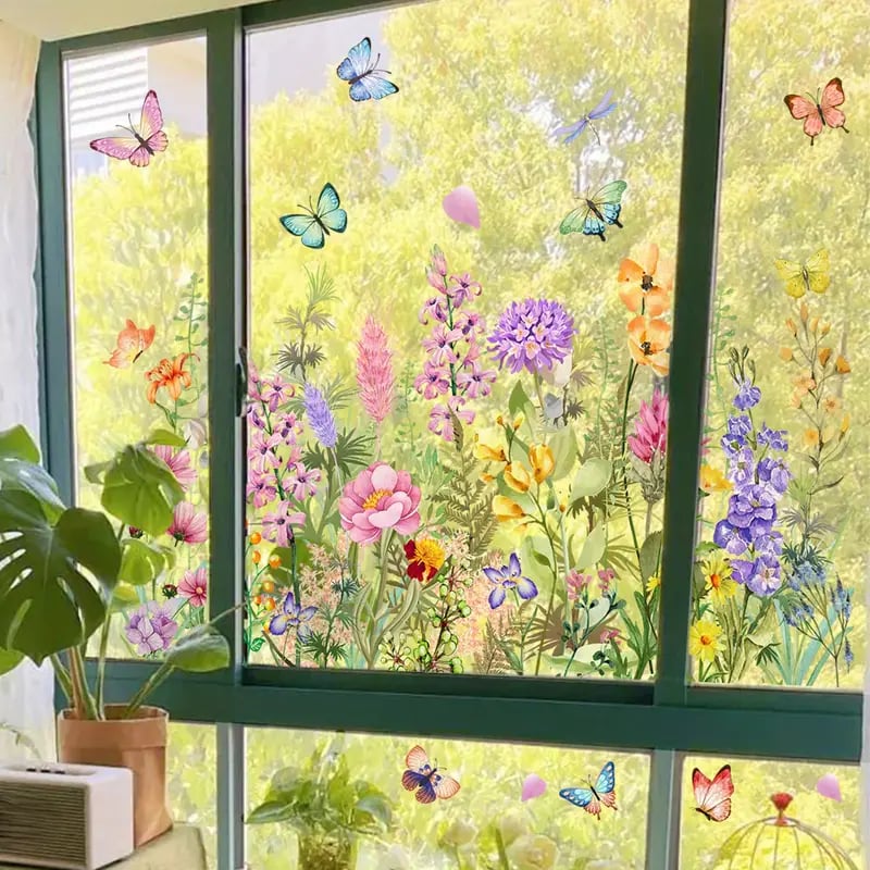Bunte Fensteraufkleber Blumen | Doppelseitig Sichtbar | Leuchtende Farben | 1+1 Gratis