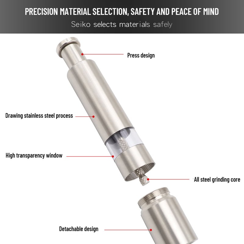 Salz- und Pfeffermühle Edelstahl | Einhand-Druckknopf | Kompakt & Tragbar | Gleichmäßiges Mahlen