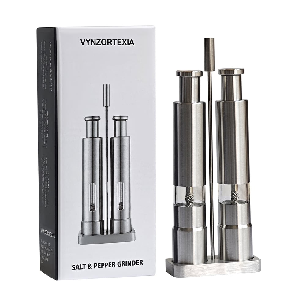 Salz- und Pfeffermühle Edelstahl | Einhand-Druckknopf | Kompakt & Tragbar | Gleichmäßiges Mahlen