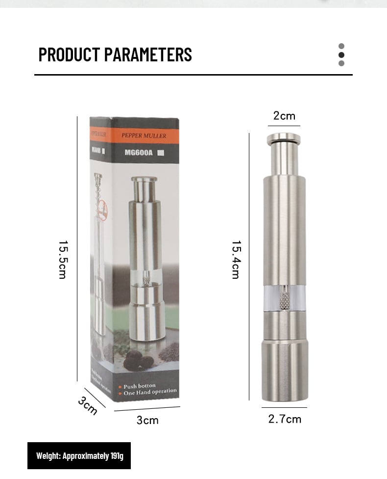 Salz- und Pfeffermühle Edelstahl | Einhand-Druckknopf | Kompakt & Tragbar | Gleichmäßiges Mahlen
