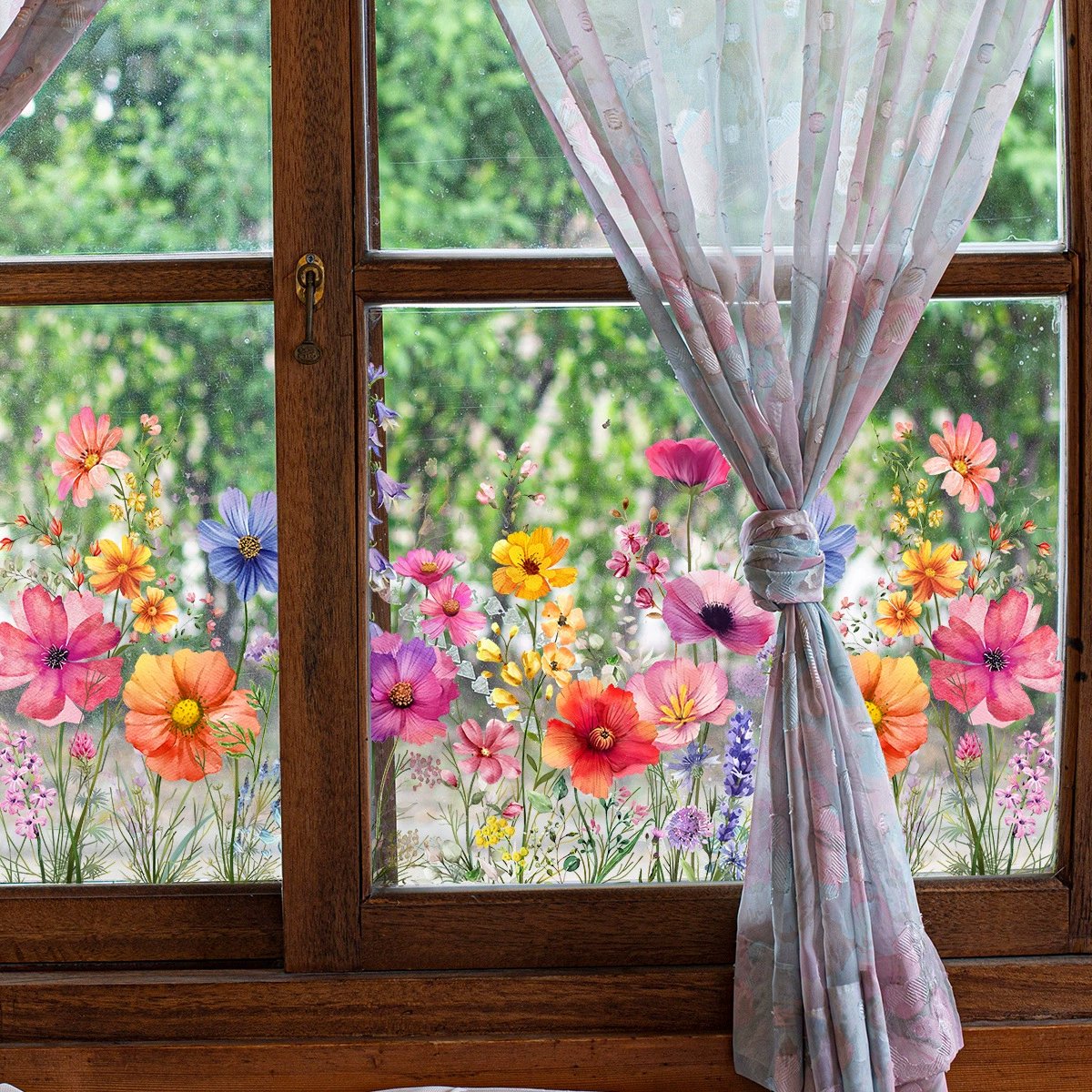 Bunte Fensteraufkleber Blumen | Doppelseitig Sichtbar | Leuchtende Farben | 1+1 Gratis