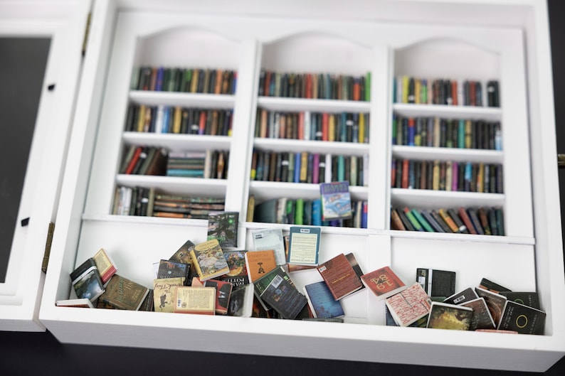 Calmify™ Miniatur-Bücherregal | Stressabbau | 200 Minibücher | Holzdesign