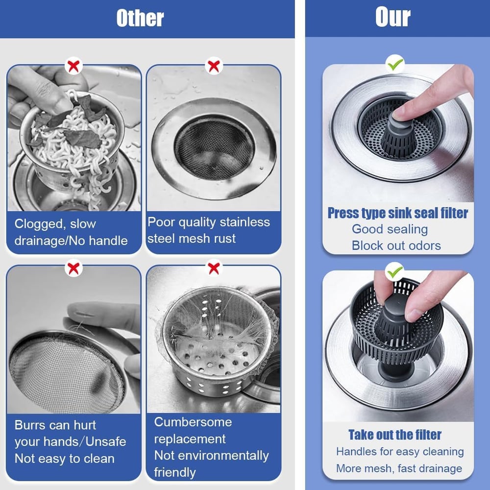 Sink stopper with bounce core | 3-in-1 filter & odor protection | Stainless steel & ABS | Anti-clogging