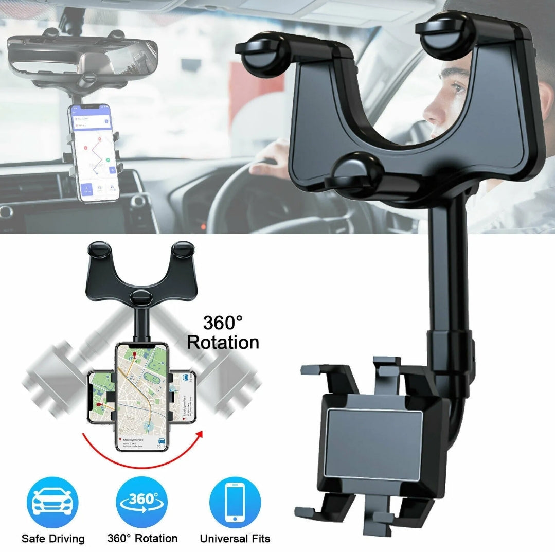 360° Handyhalter fürs Auto, drehbar und ausziehbar, universelle Rückspiegelhalterung