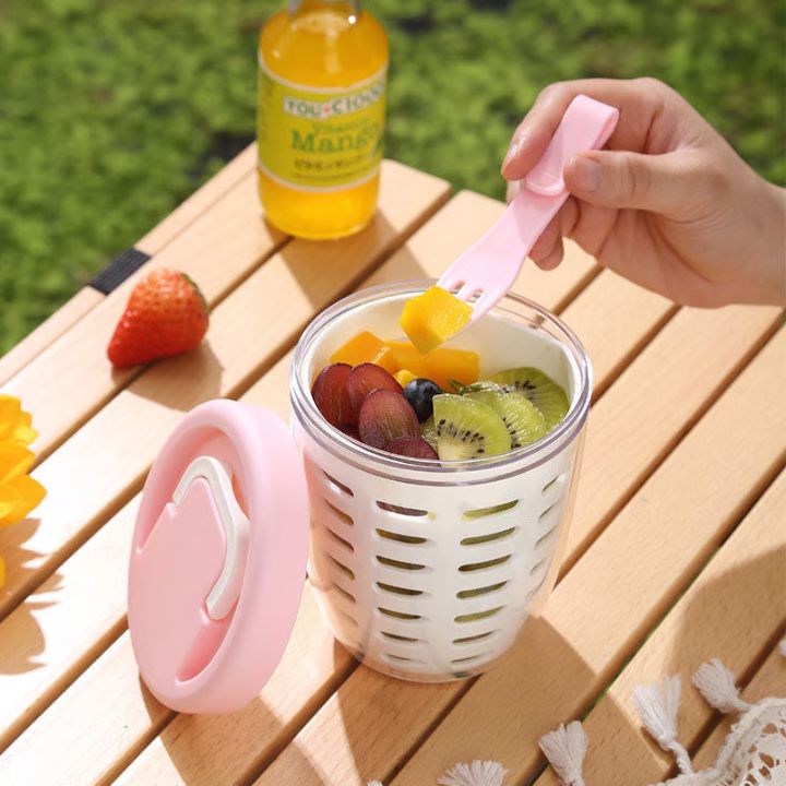 Fruchtbecher mit Sieb & Gabel – Auslaufsichere