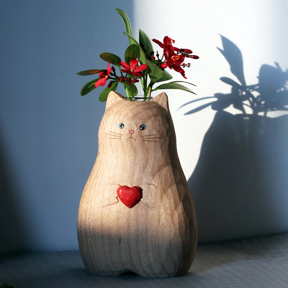 Handgefertigte Katzenvase aus Holz – Einzigartige & Umweltfreundliche Deko