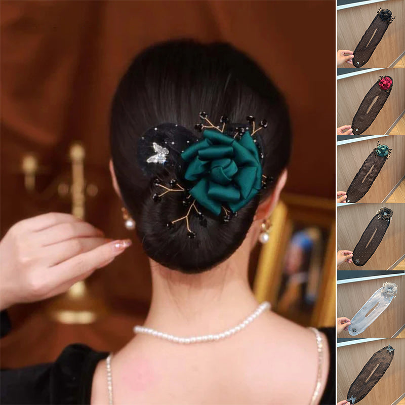 1+1 Gratis | StyleCrafter Haarknoten-Accessoire | Handbestickt & Blumenmotiv | Satin Schwarz