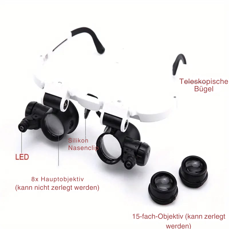 Lupe Stirnlampe | 8–23x Vergrößerung | LED-Beleuchtung | Freihändiges Arbeiten