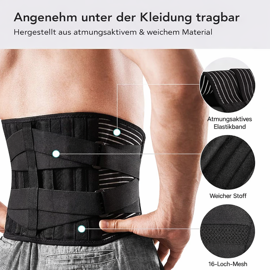 Rückenstützgurt | 360° Lendenwirbel-Stütze mit Memory-Aluminium & Stahlfedern | Atmungsaktiv & Unsichtbar unter Kleidung | OrthoFlexa