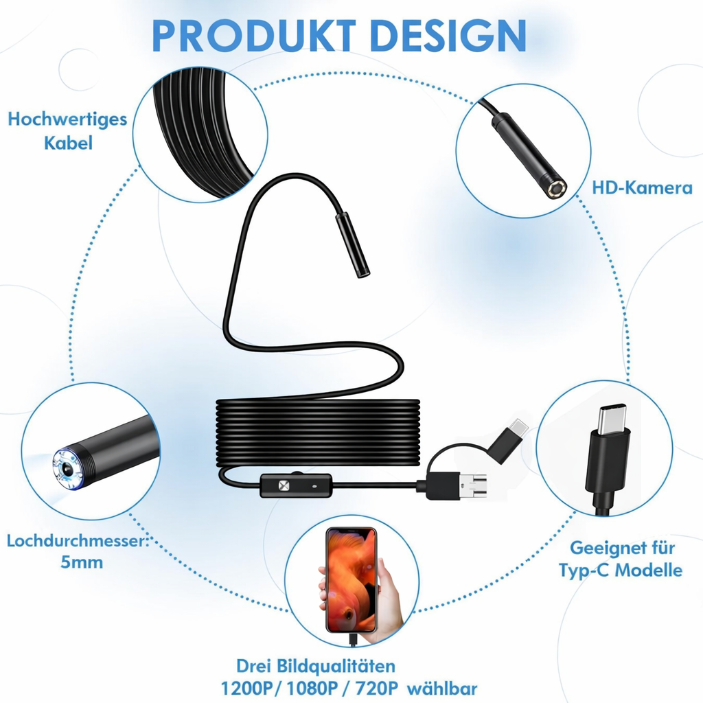 Wasserdichte Endoskopkamera | Hohe Auflösung | Für Android & Windows