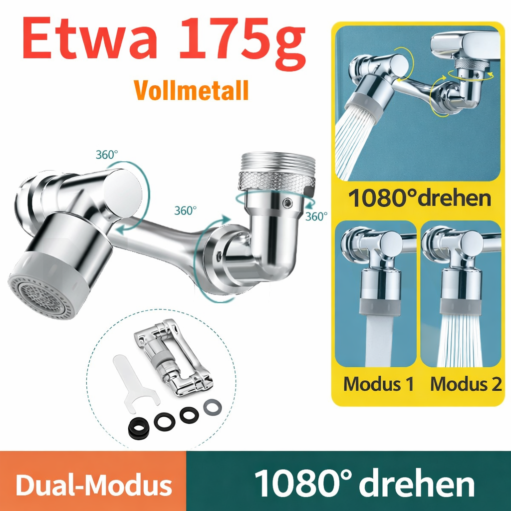 Wasserhahn Extender | 1080° Drehbar | 2 Wasser-Modi | Werkzeuglose Montage