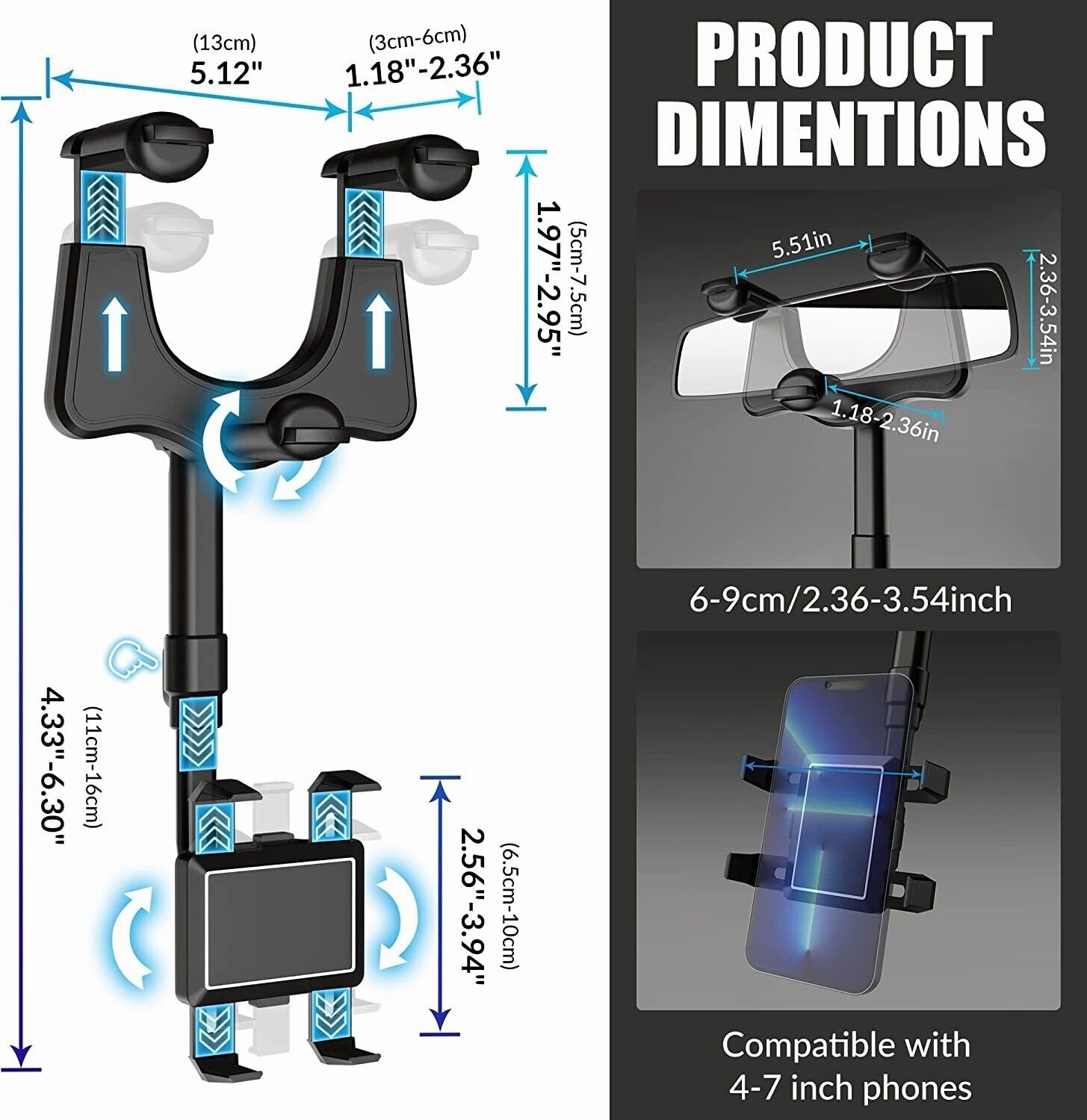 360° Handyhalter fürs Auto, drehbar und ausziehbar, universelle Rückspiegelhalterung