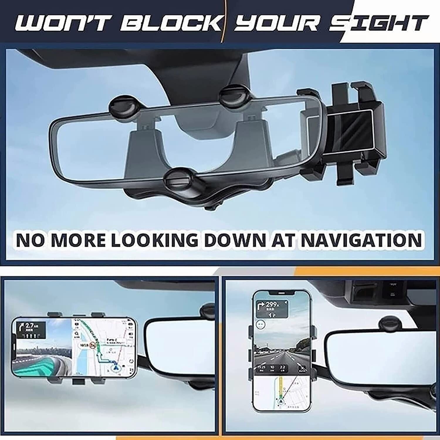 360° Handyhalter fürs Auto, drehbar und ausziehbar, universelle Rückspiegelhalterung